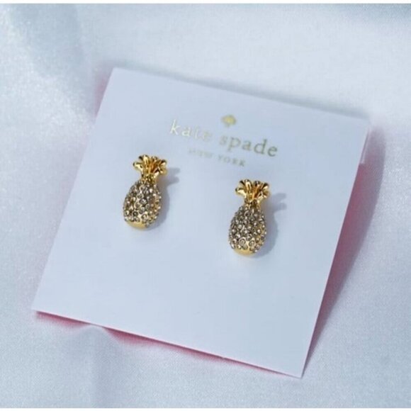 NWT Kate Spade By The Pool Pave Pineapple Stud Dainty Mini Earrings 14k Gold - Picture 3 of 7